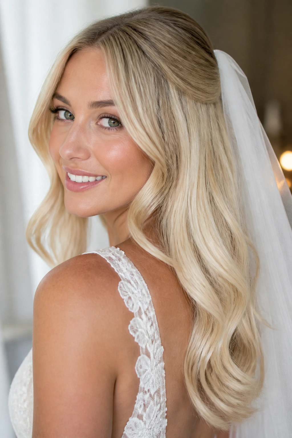 Close-up bride with veiled vanilla blonde hair in a softly lit setting
