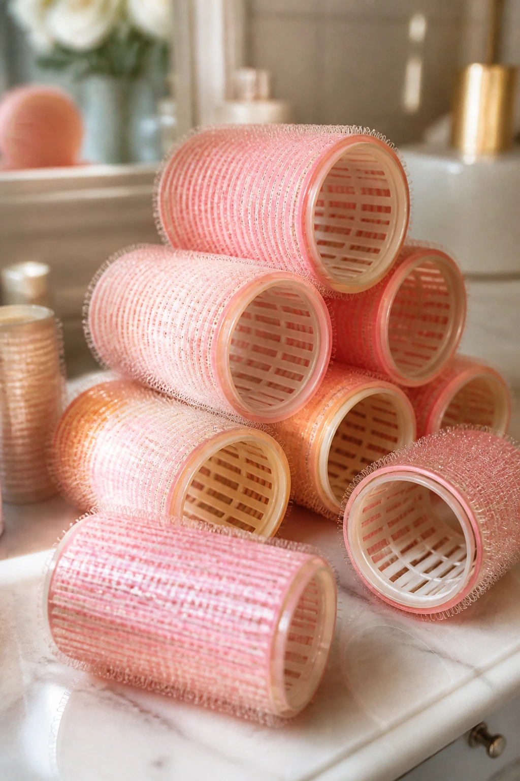 Close-up of Velcro rollers on a dressing table