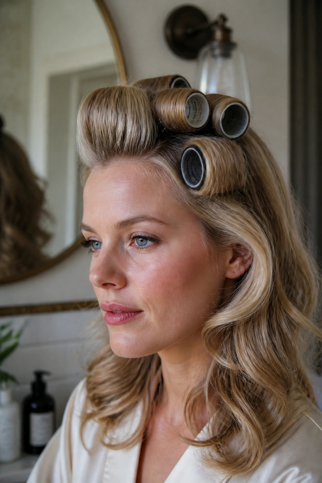 Real person with Velcro rollers in hair providing crown lift for vintage waves