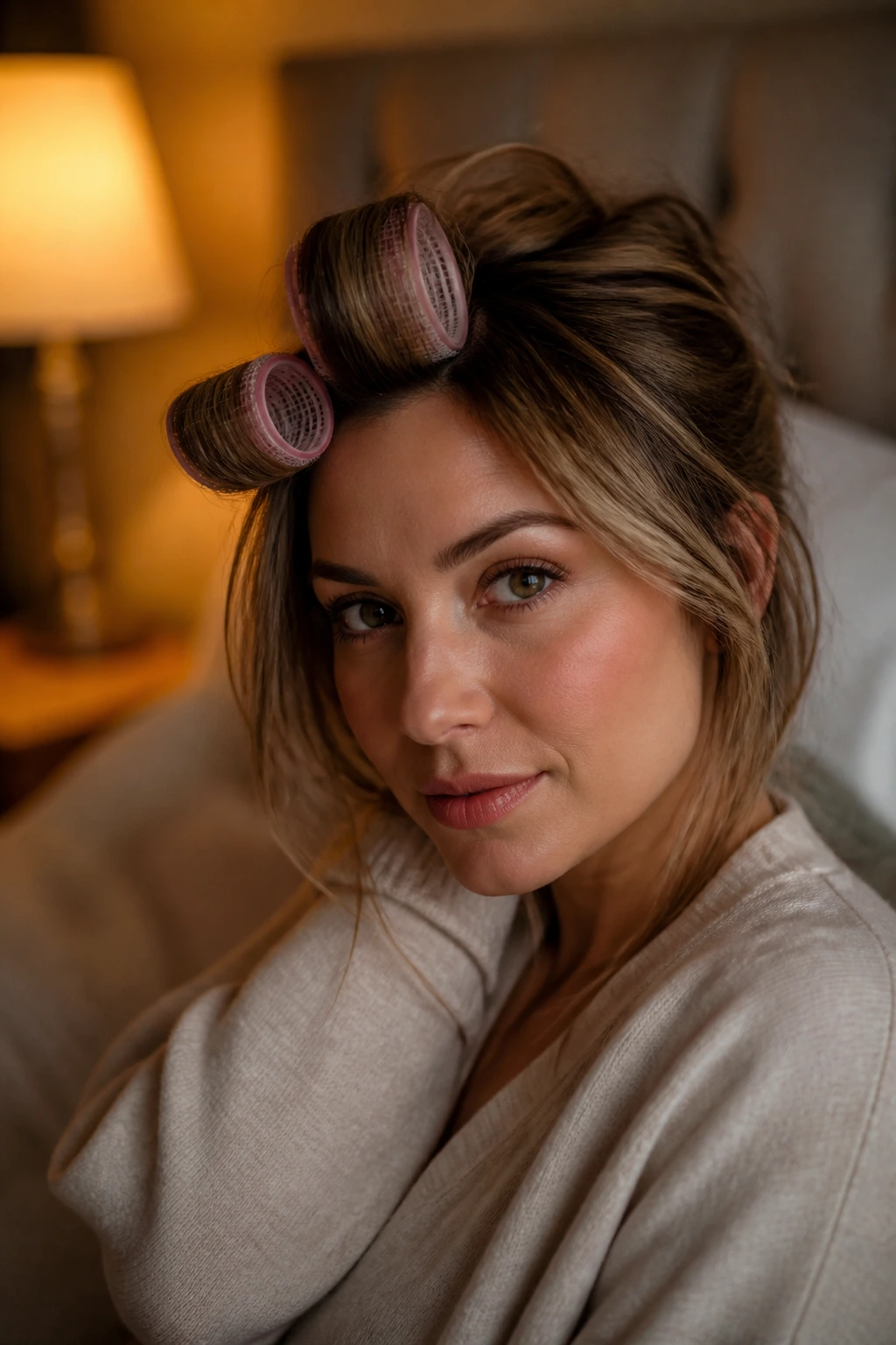Nighttime portrait showing Velcro rollers in front hair for overnight care