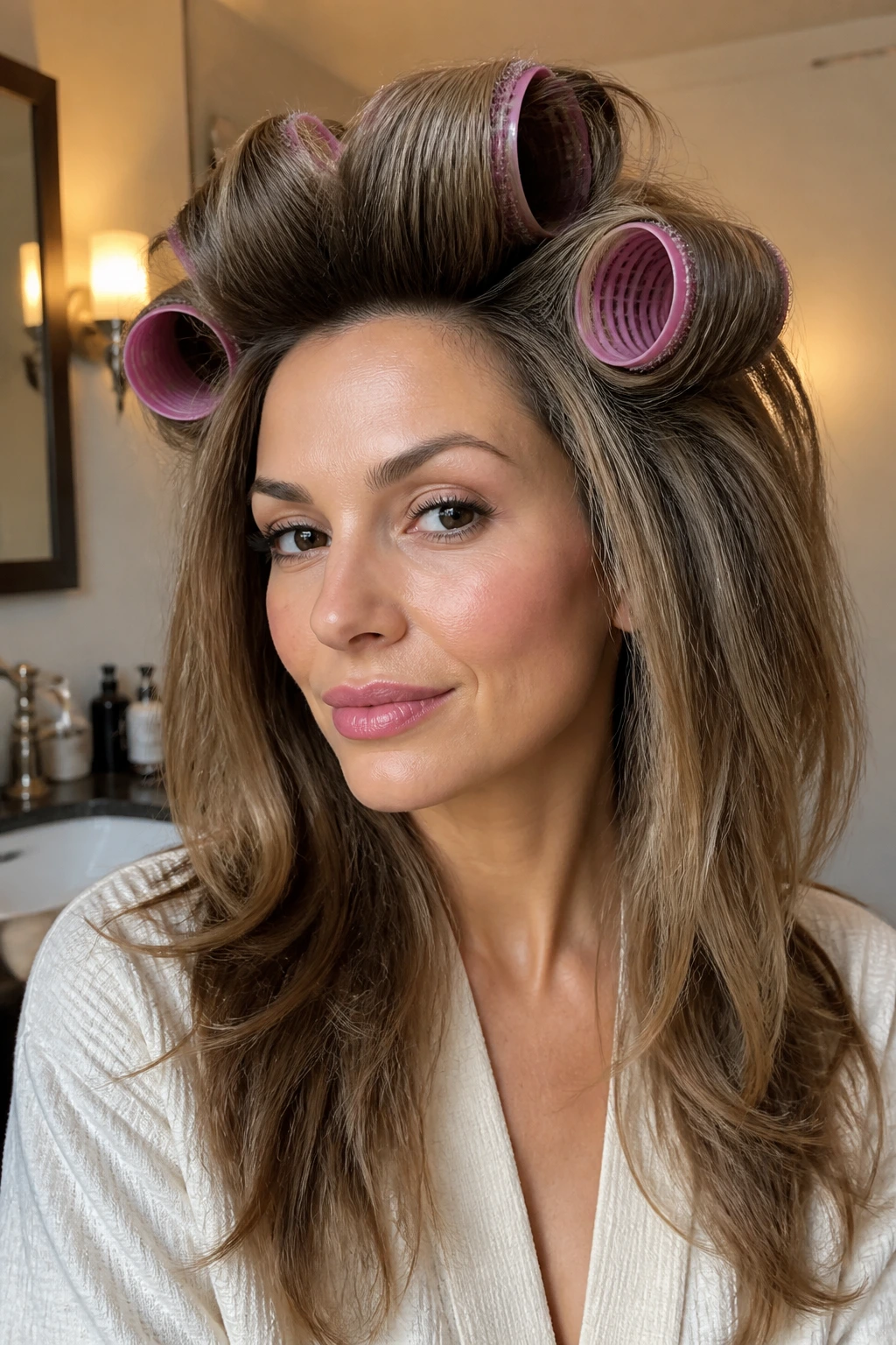 Close-up portrait of a real person with crown-volume from Velcro-roller styling