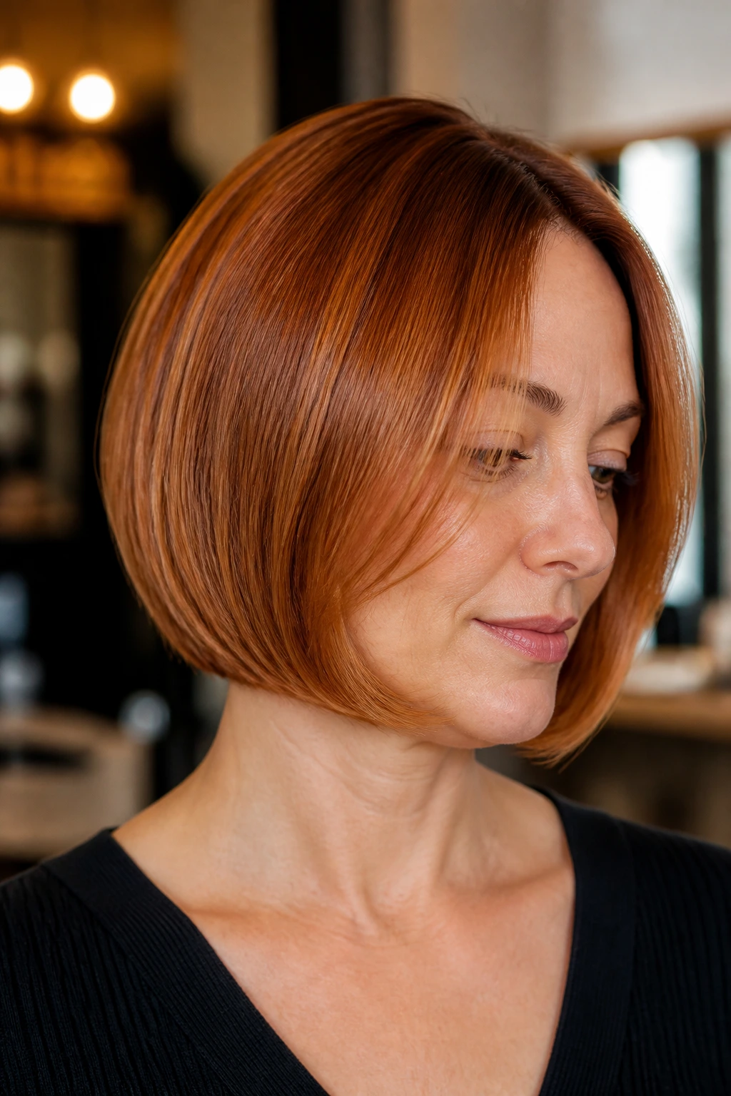 Close-up of a real woman with a velvet amber bob exhibiting rich, glossy texture