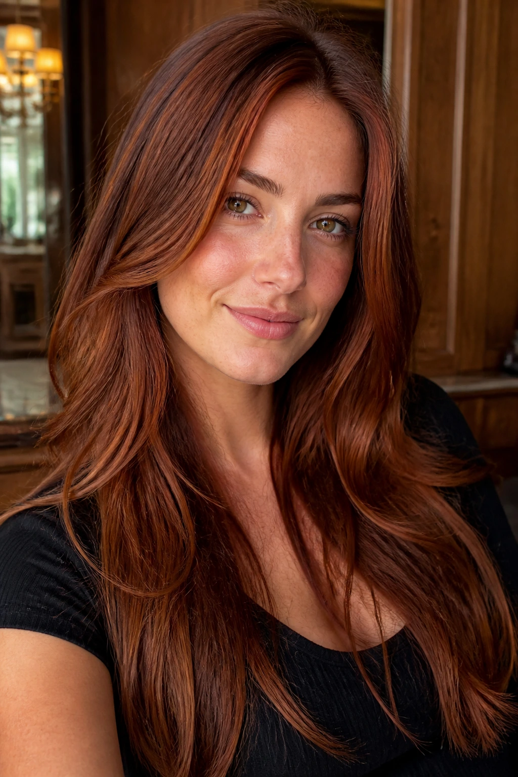 Close-up of velvet auburn face-framed hair on a real person