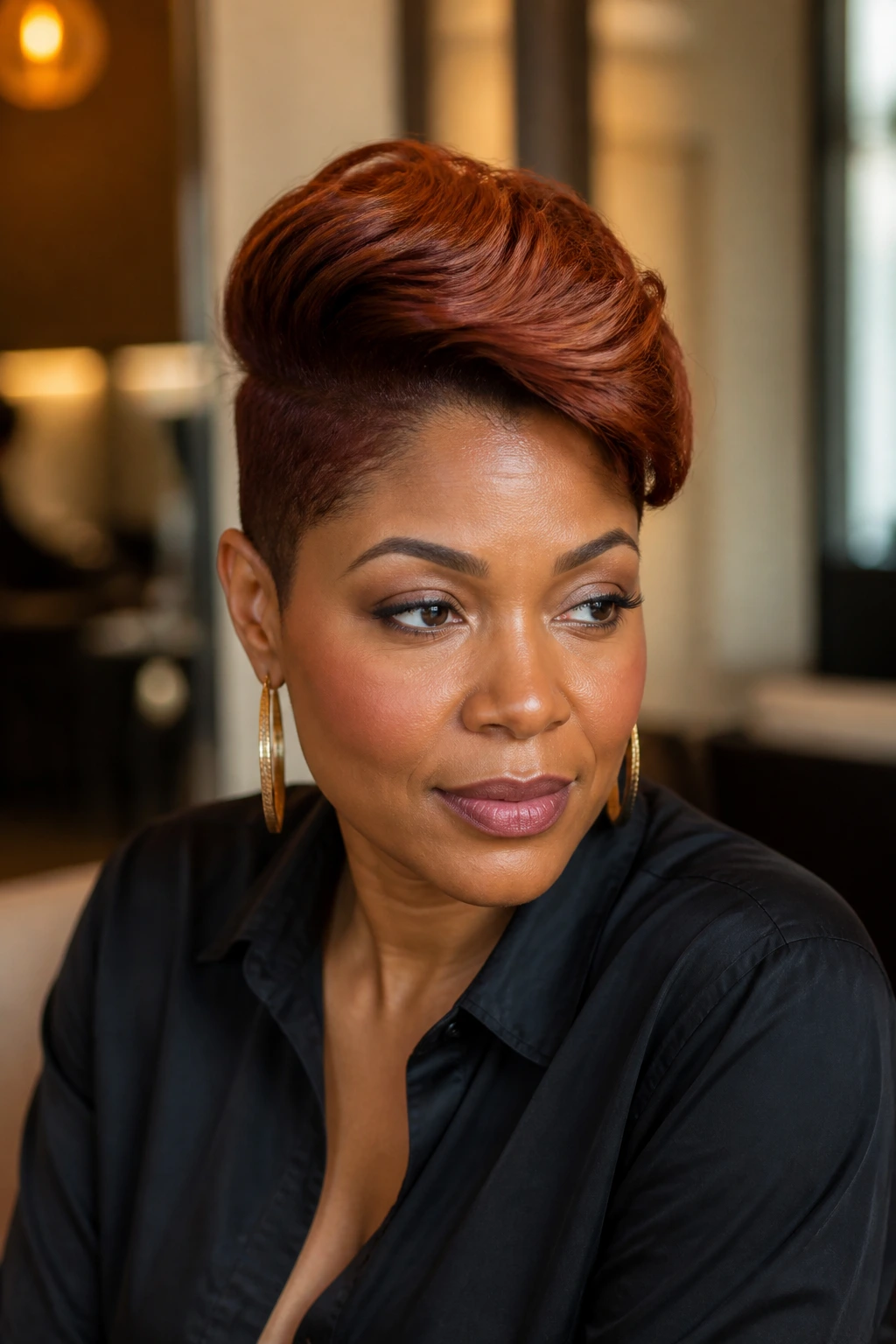 Portrait of a real woman with velvet auburn tapered cut showing sleek sides and shiny top