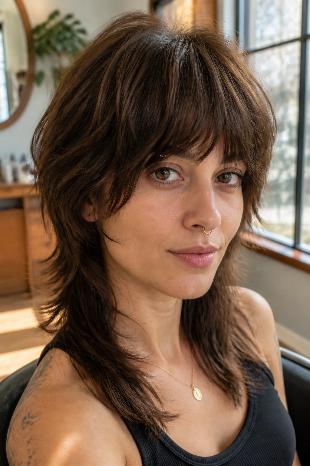 Close-up portrait of a woman with plush velvet bangs and shag mullet in warm natural window light