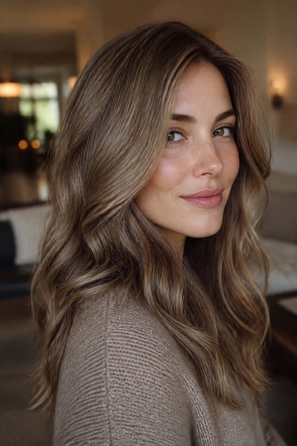 Close-up of a real person with velvet beige hair in a rich, satin-like finish.
