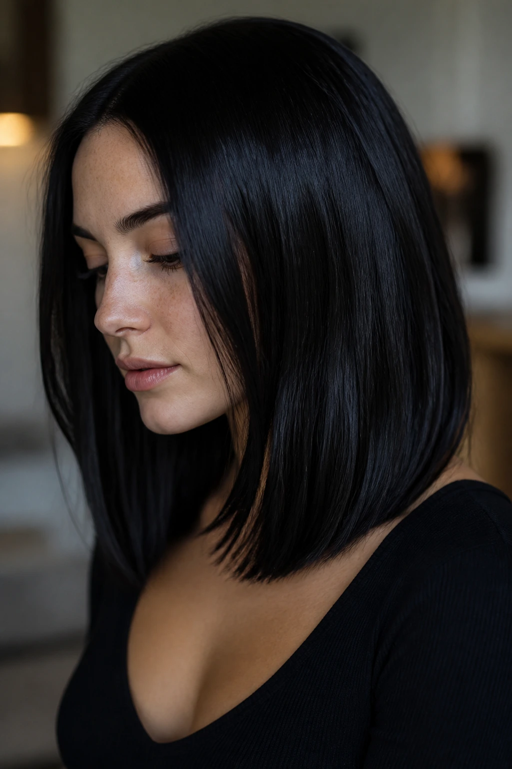 Close-up portrait of a person with velvet black hair showing blue-black sheen.