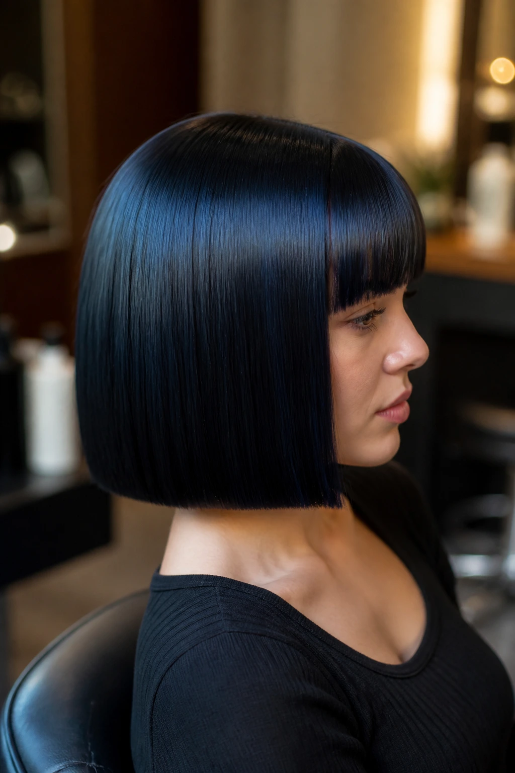 Close-up of velvet blue-black blunt-cut hair on a real person, glossy and deep color
