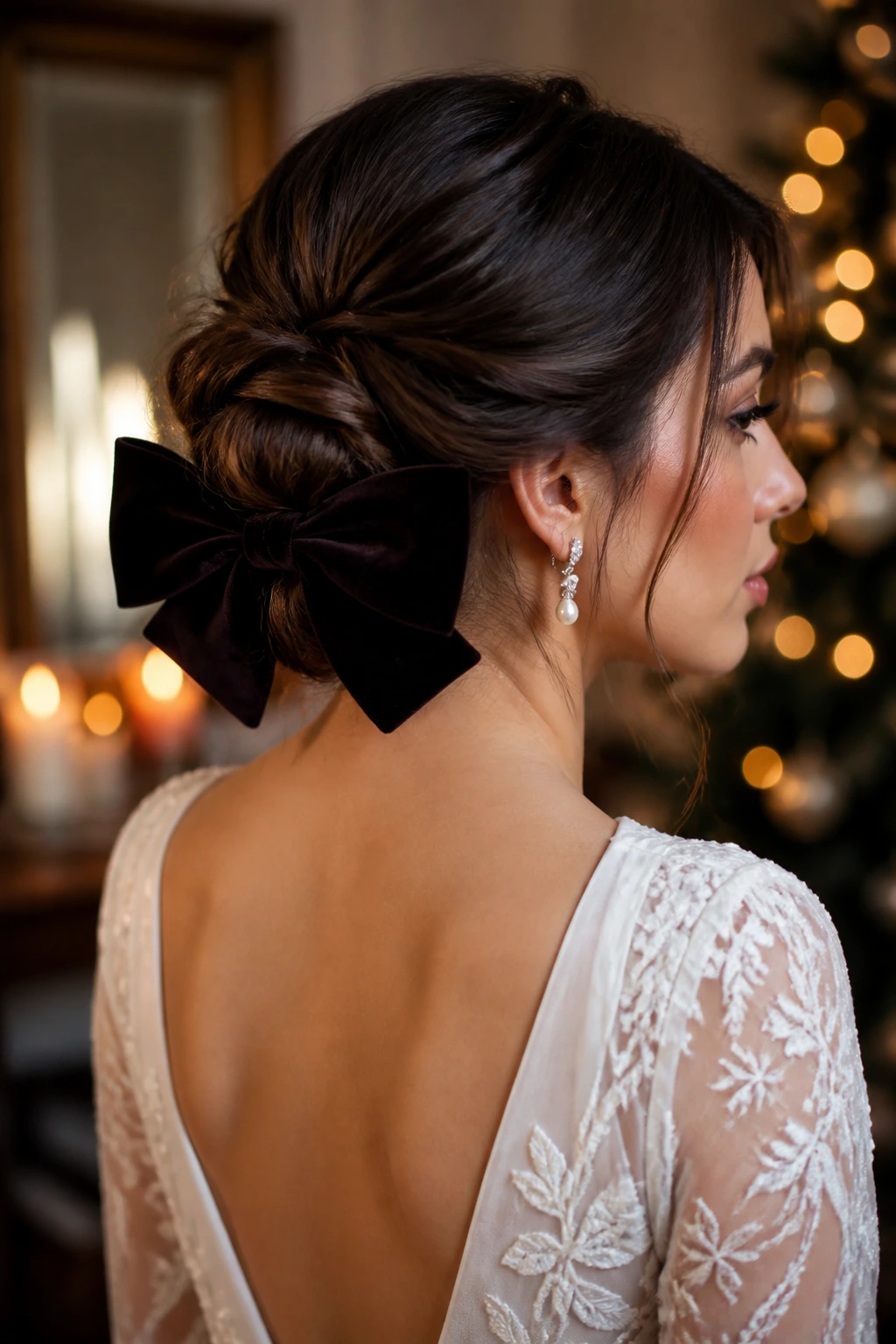 Bride wearing a velvet bow at the base of a bun in a bridal suite.