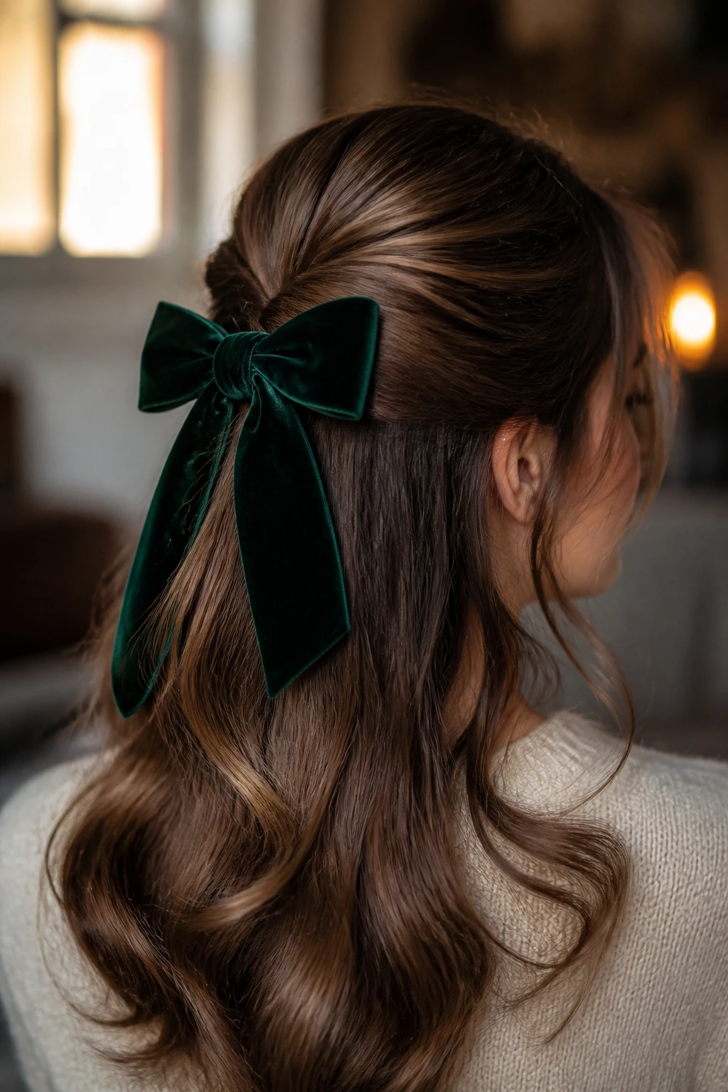 Close-up of a woman wearing a velvet bow half-up hairstyle