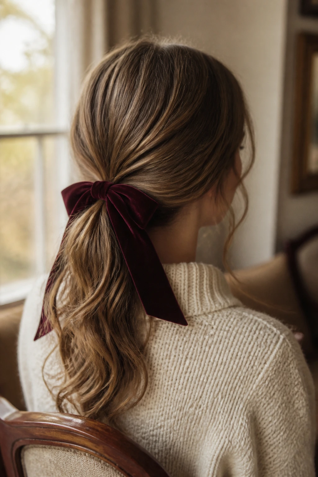 Close-up of a velvet bow tied at the nape of a low ponytail on a real person in a cozy interior