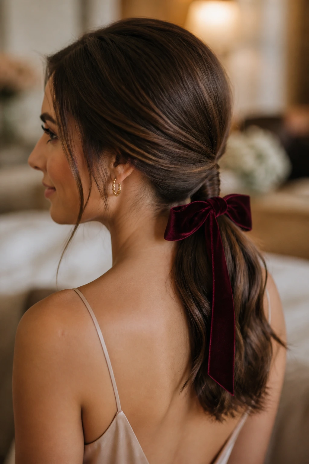 Real woman with velvet-bow low ponytail