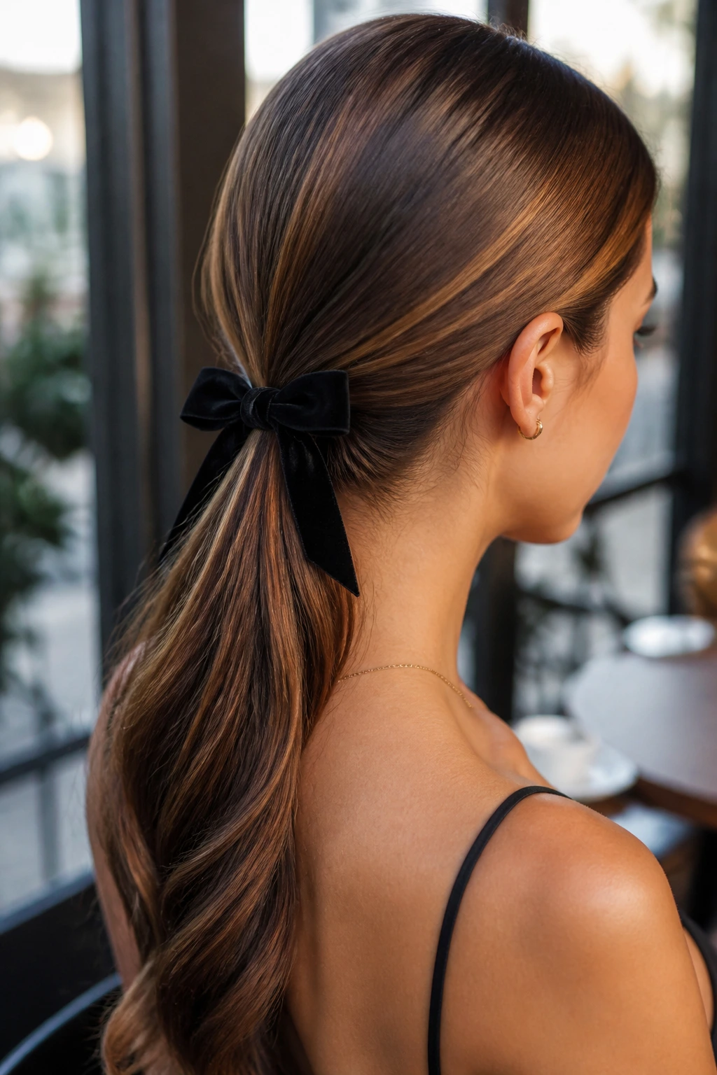 Close-up of velvet-bow low ponytail on real woman with smooth hair and bow