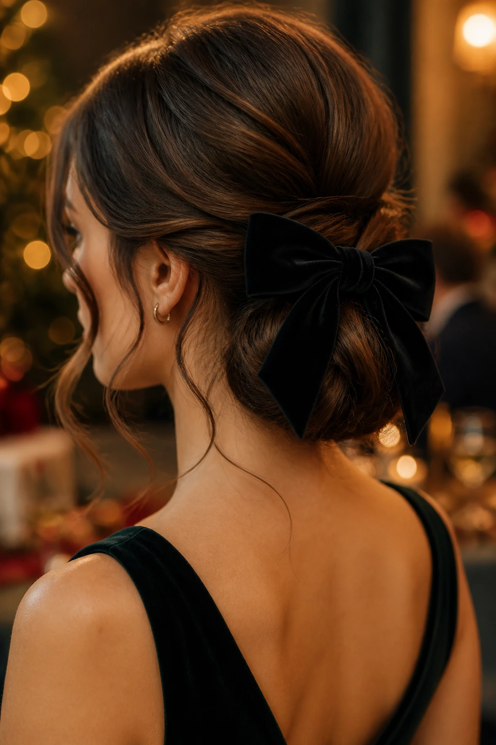 Real woman with a velvet bow integrated into an elegant updo.