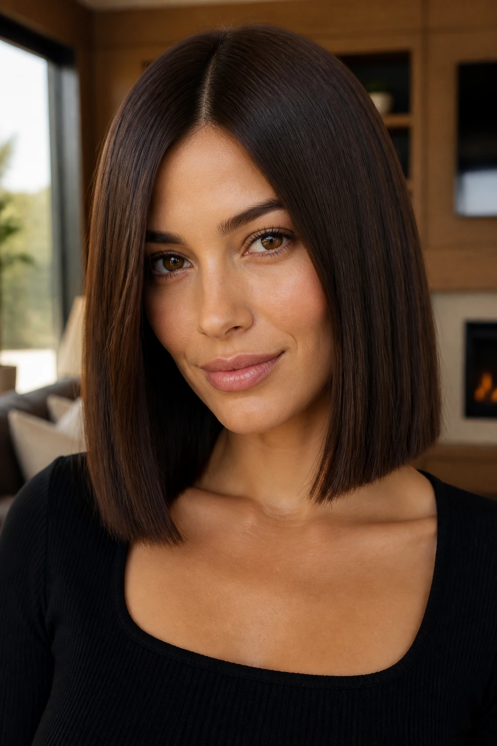 Close-up of a real woman with velvet brown hair and a precise blunt cut