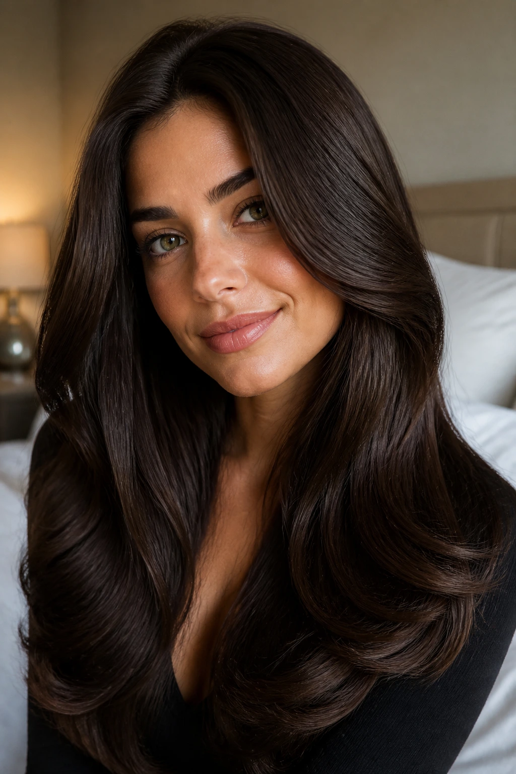 Close-up of a real woman with velvet brunette blowout and glossy rounded ends