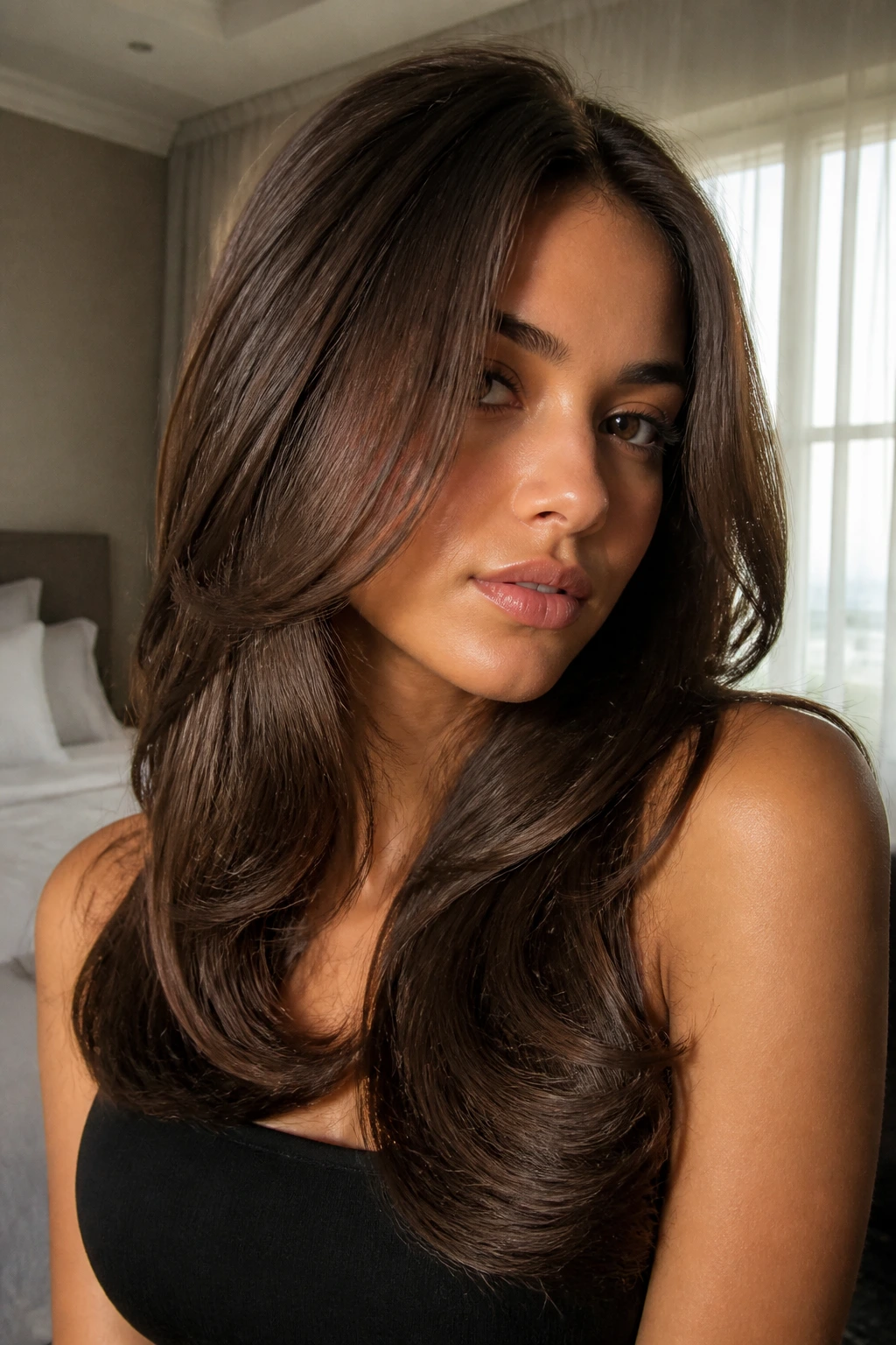 Close-up portrait of a real woman with a velvet brunette blowout, glossy hair curved away from the face.