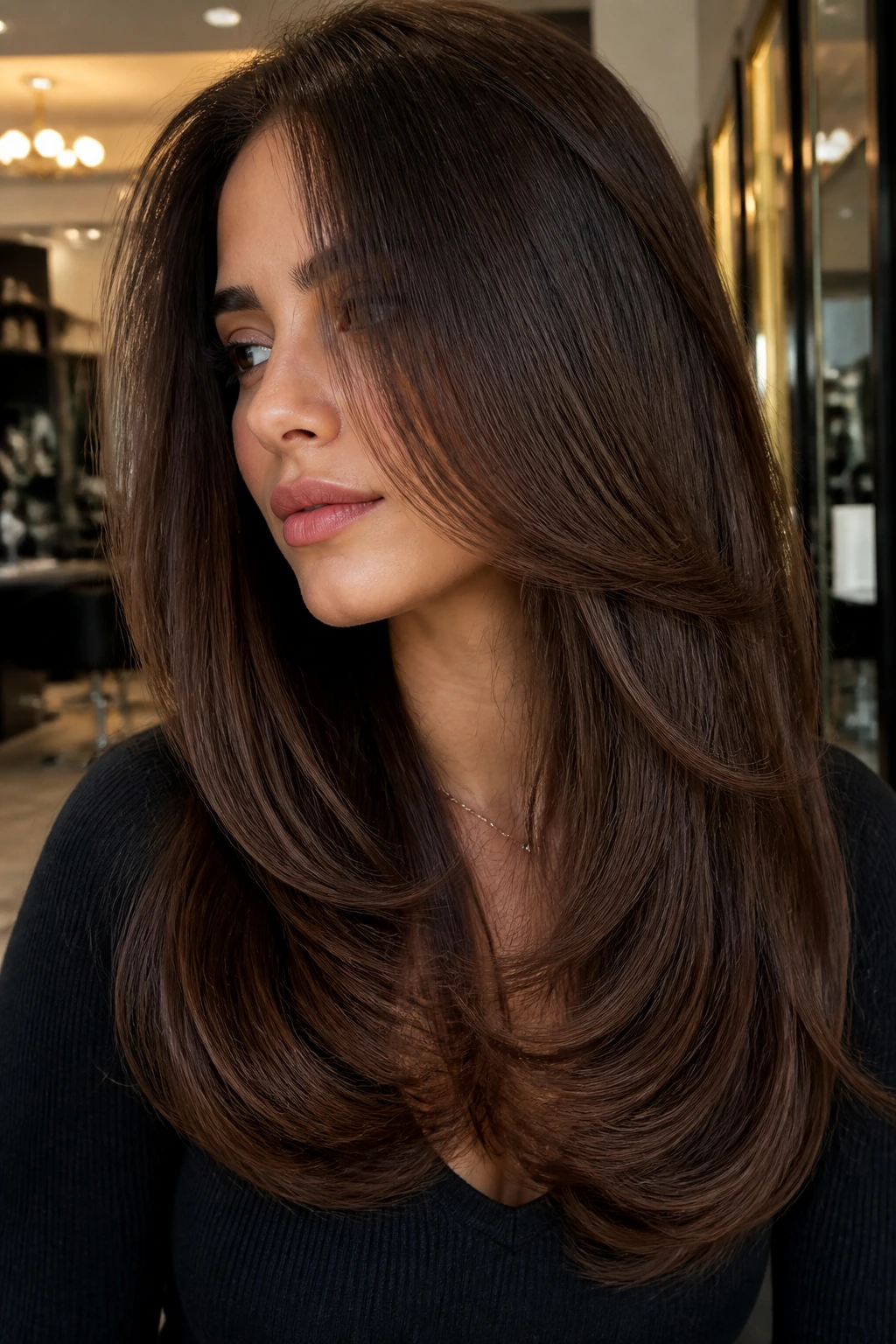 Close-up of a real woman with plush velvet brunette blowout, glossy rounded ends