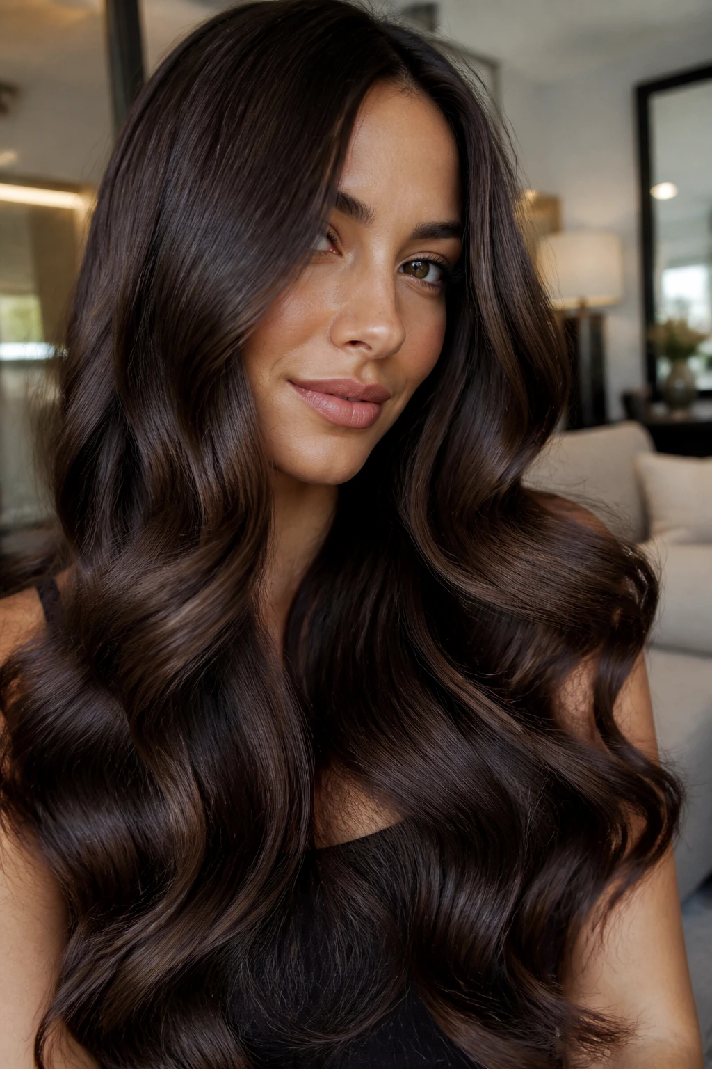 Close-up of a real woman's velvet brunette hair with big barrel waves