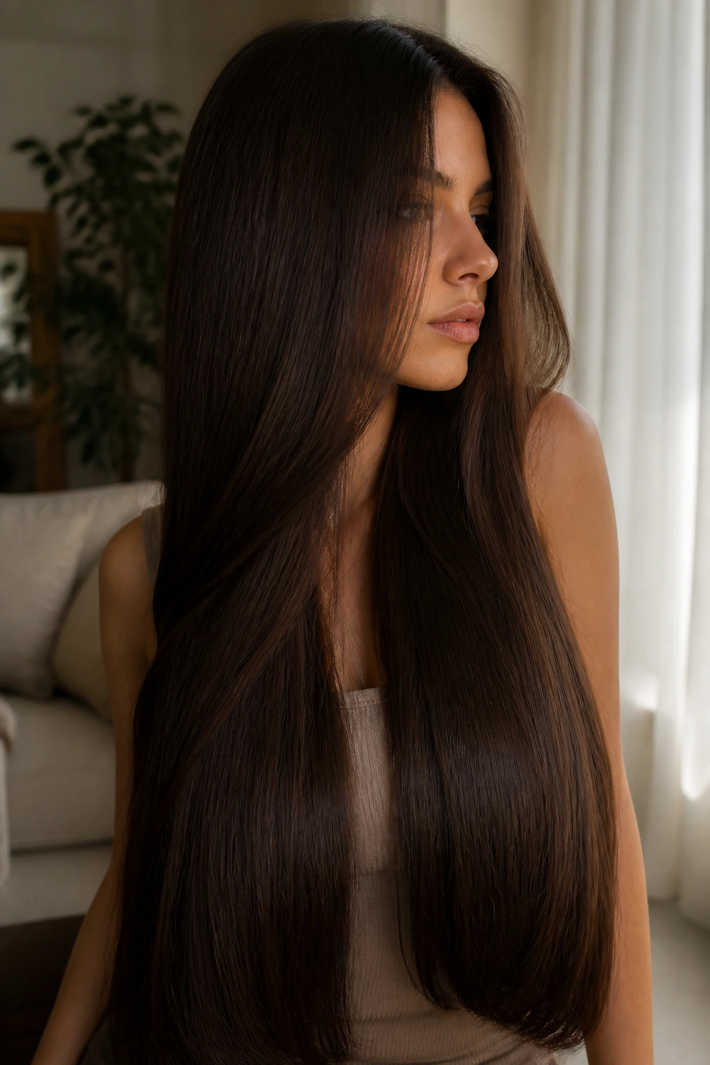 Close-up profile of a woman with velvet dark brown ultra-long hair