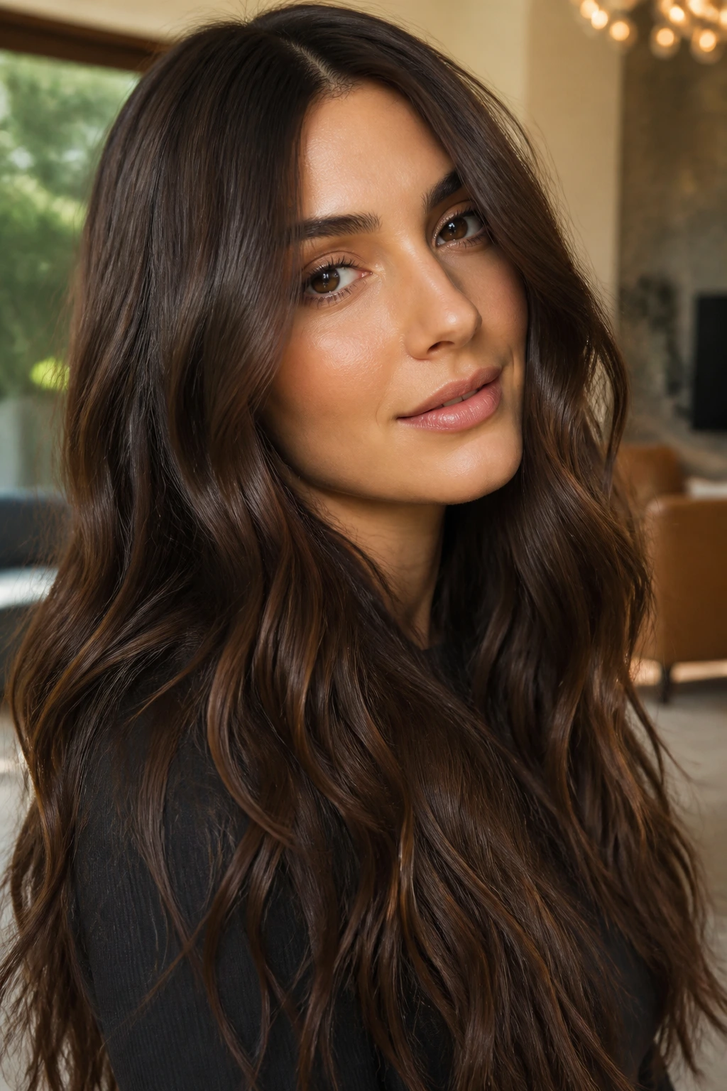 Close-up of glossy velvet cacao brunette hair on a real person