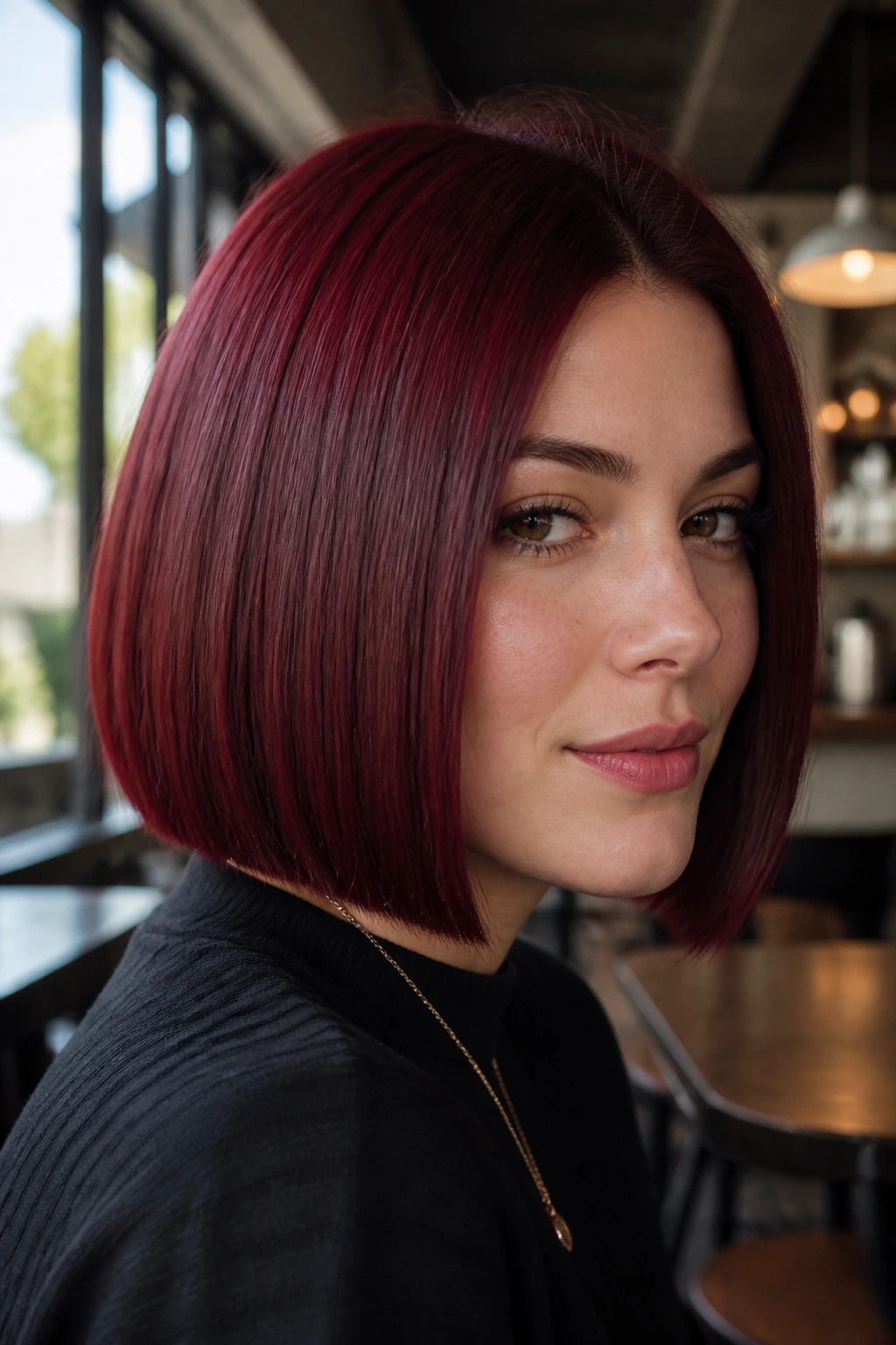 Close-up of a real person with a velvet cherry bob in sleek, polished style.