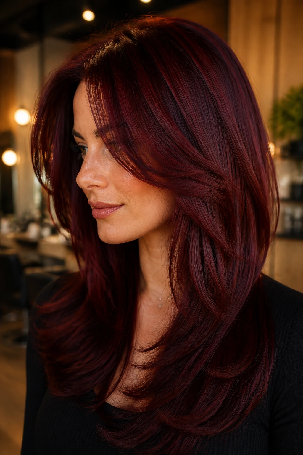 Close-up of velvet cherry layered hair on a real person