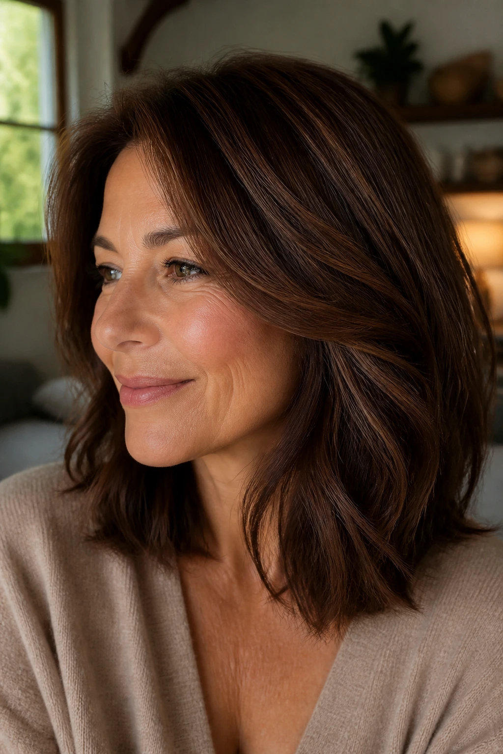 Close-up of a real woman with velvet chestnut brown hair and subtle lowlights for added depth