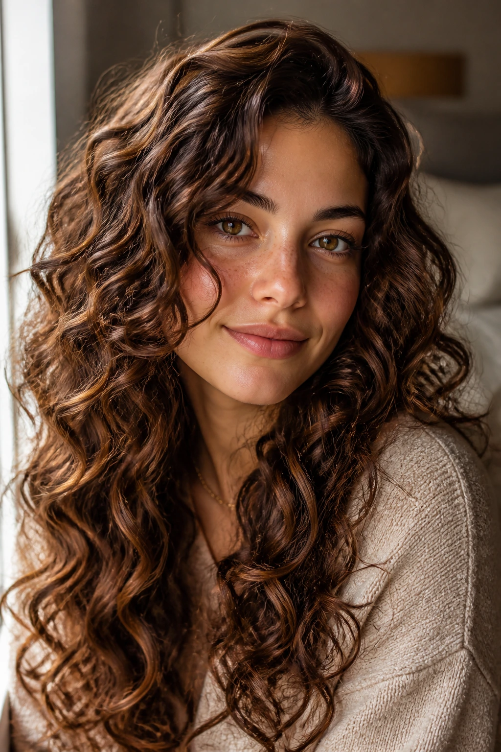 Close-up portrait of a woman with velvet chestnut curls and soft lowlights