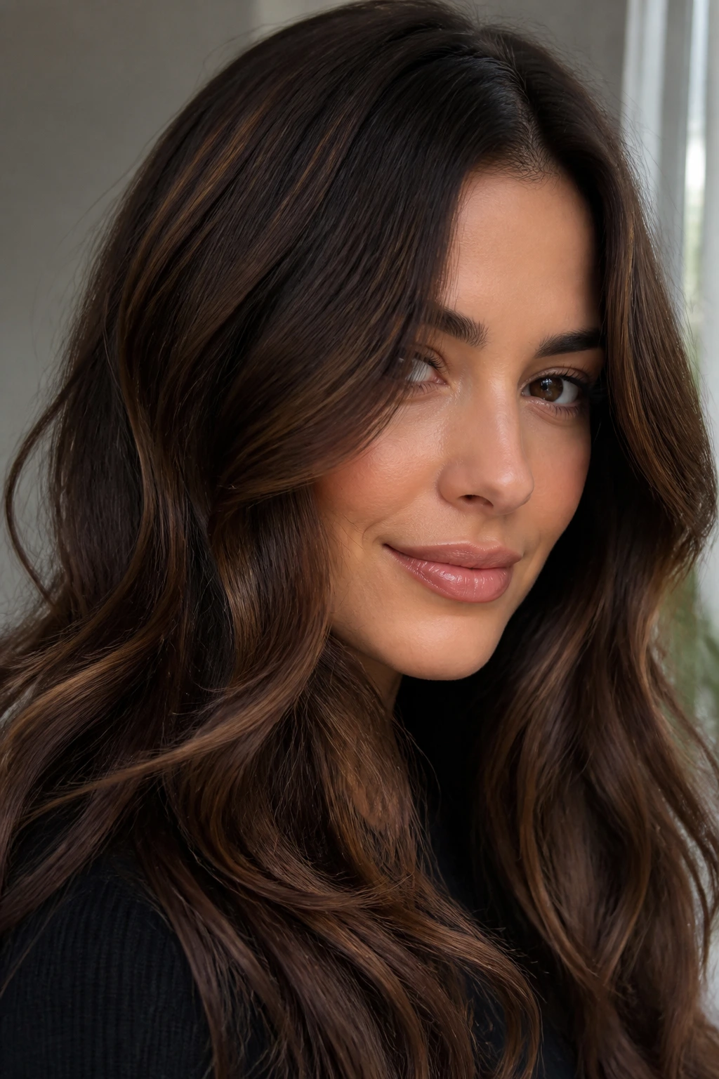 Close-up of deep brown hair with velvet chestnut highlights on a real person.