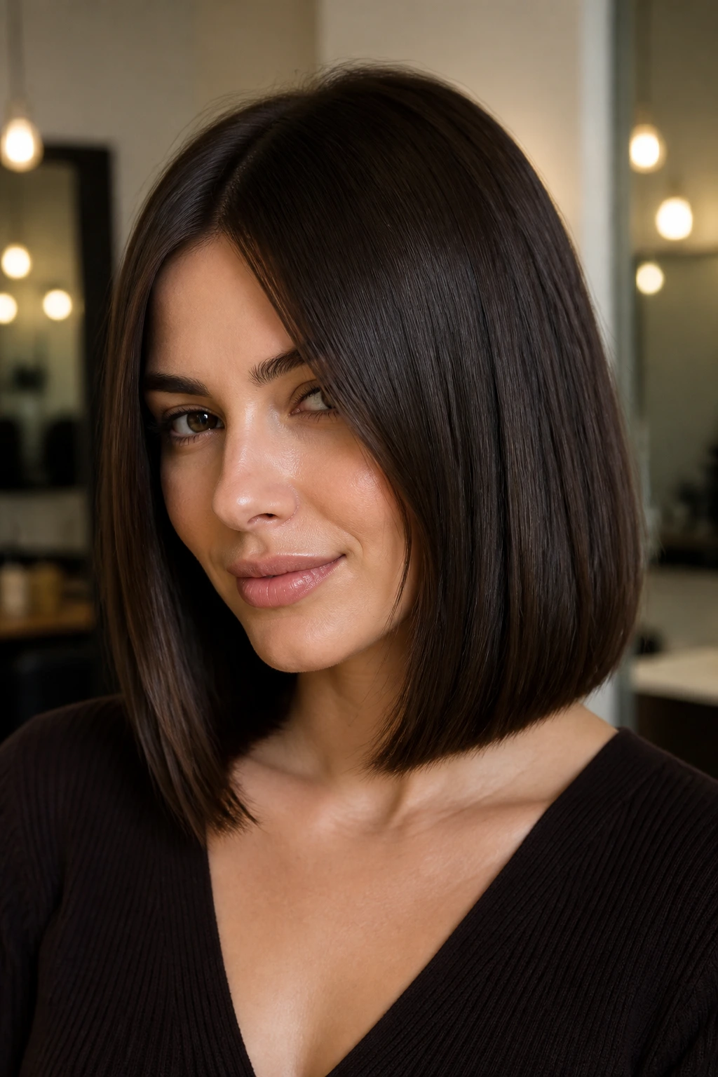 Close-up portrait of woman with velvet chocolate hair and blunt lob
