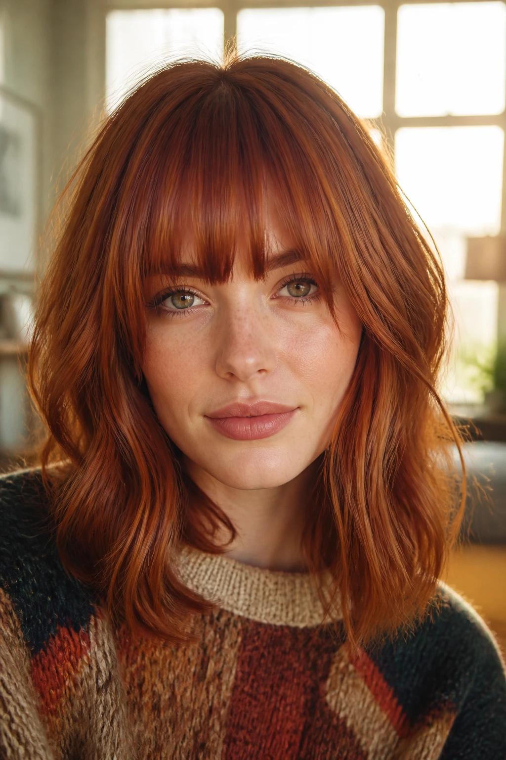 Close-up of a real woman with velvet copper fringe framed by bangs