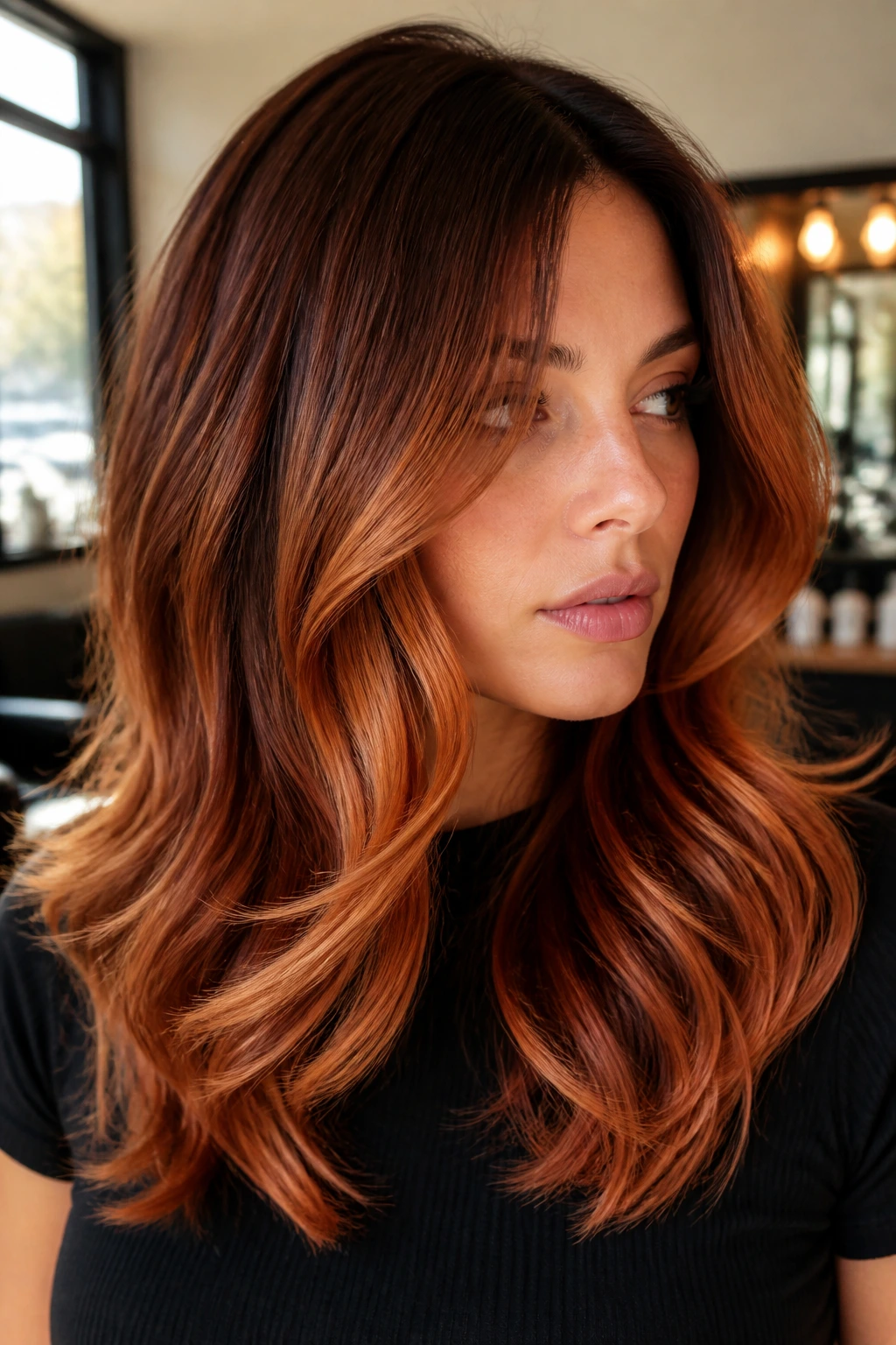 Close-up portrait of a real woman with velvet copper melt hair