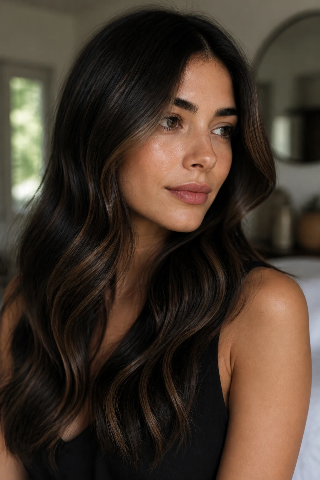 Close-up portrait of a real woman with velvet espresso babylights on dark brunette waves in natural light