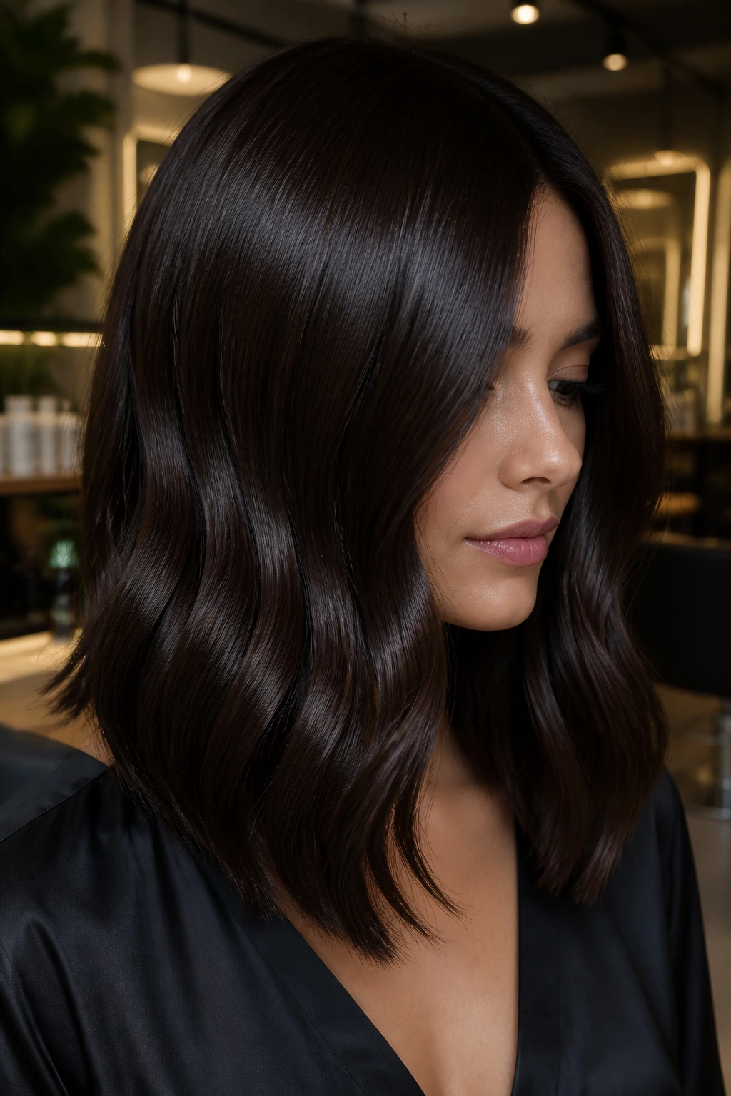 Portrait of a woman with velvet espresso hair and a glossy mirror finish
