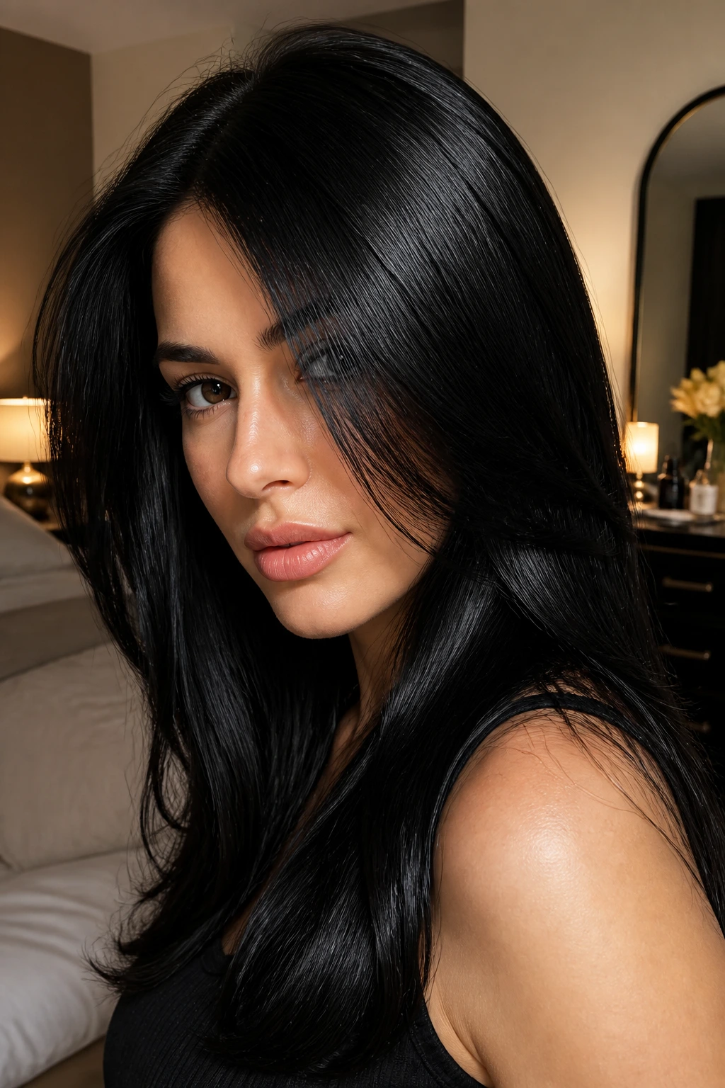 Portrait with velvet jet black gloss hair reflecting light