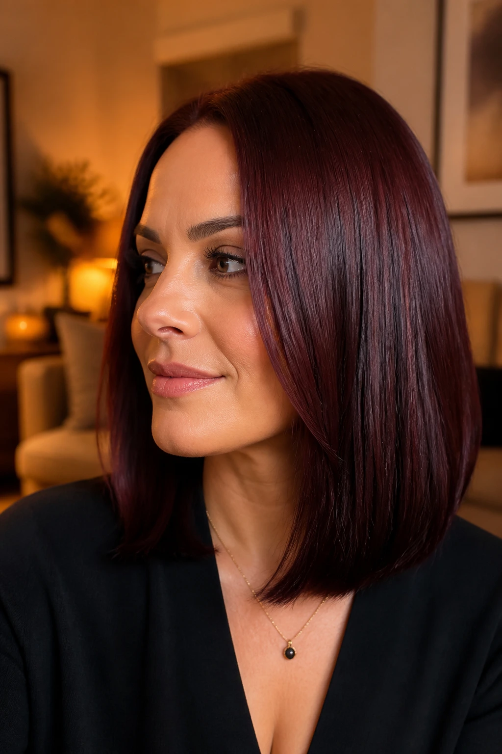 Close-up portrait of a woman with velvet mahogany sleek mid-length hair