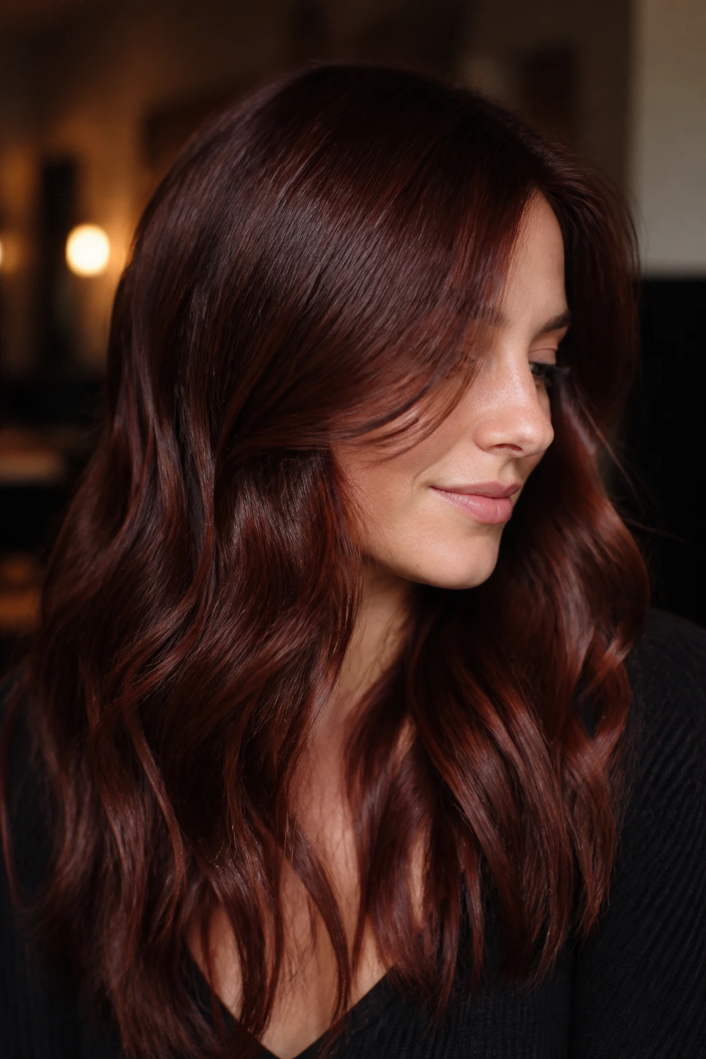 Portrait of velvet red chestnut hair with deep red reflections.