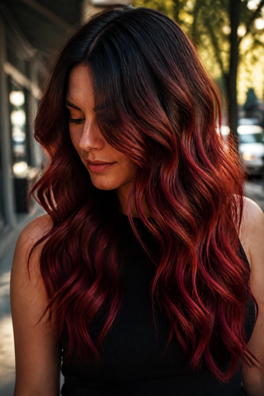 Close-up of a real person showcasing velvet red ombré on wavy hair with a dark root and crimson ends