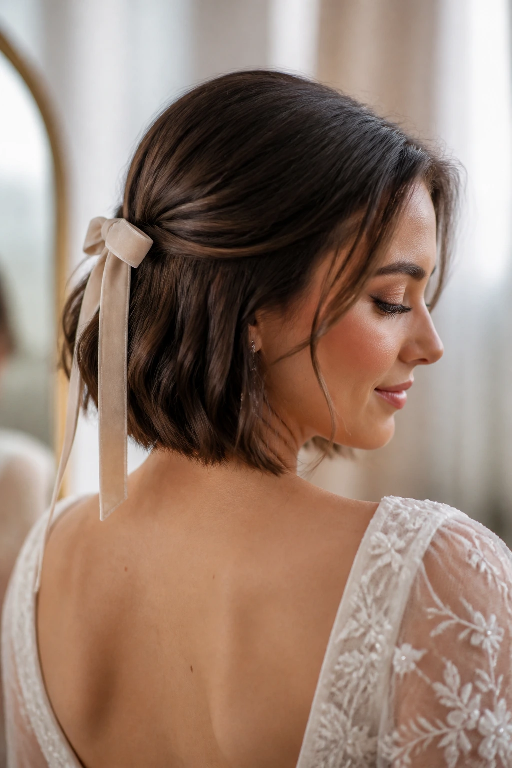 Close-up of real bride wearing velvet ribbon in bob hairstyle