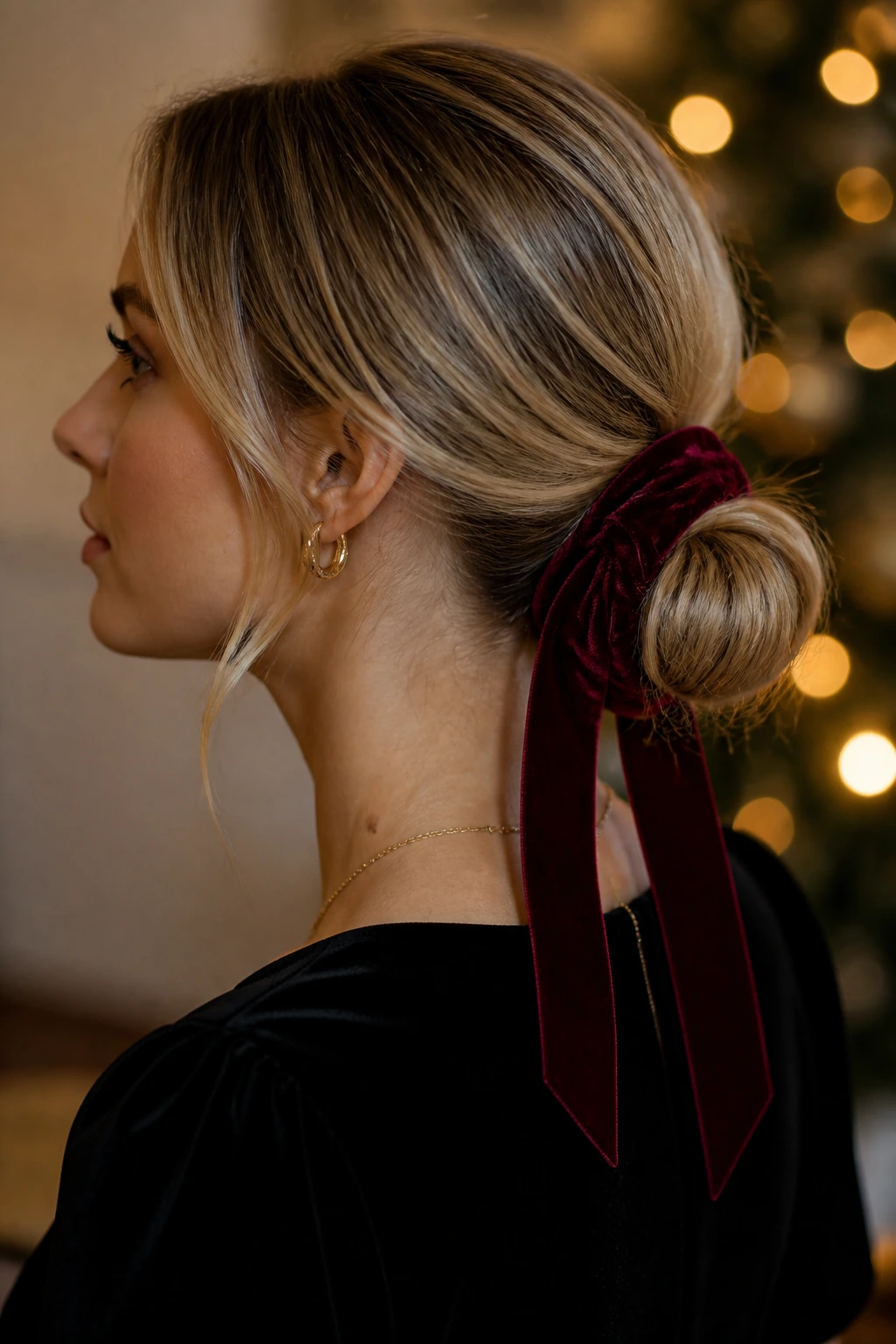 Close-up of a woman wearing a velvet ribbon low bun.