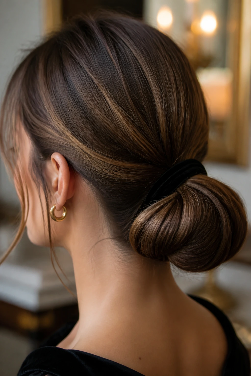 Velvet ribbon wrapped around a low chignon on a real woman