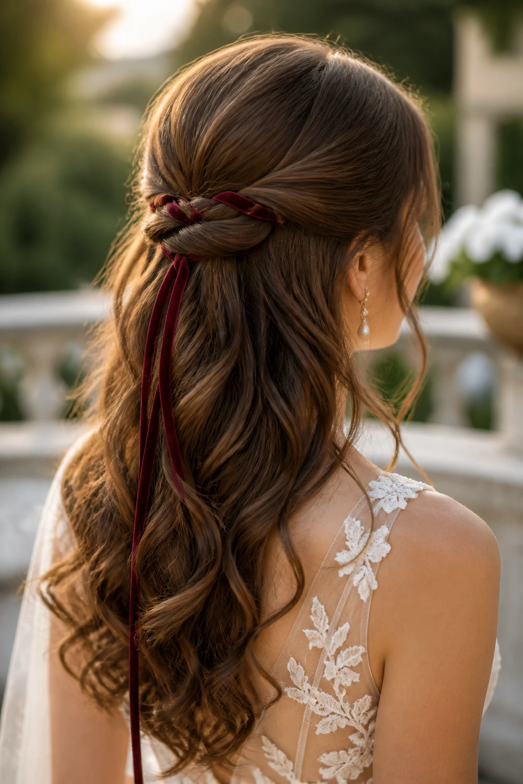Close-up of a bride with a velvet ribbon woven through a half-up twist.