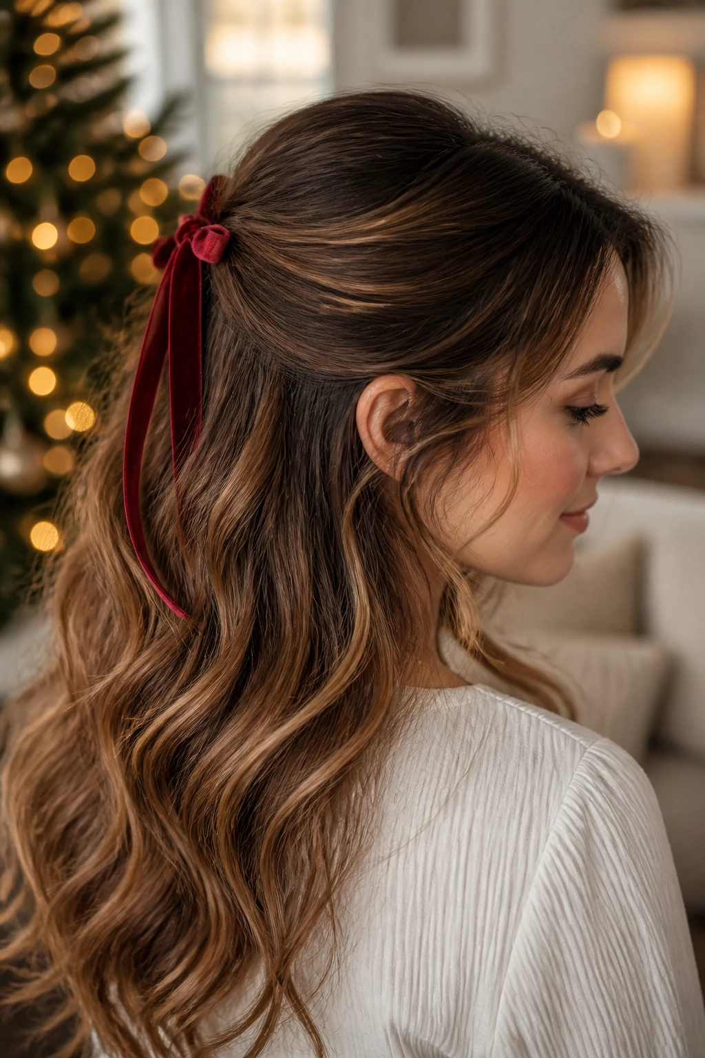 Real woman wearing velvet ribbon half-up hairstyle in a warm living room