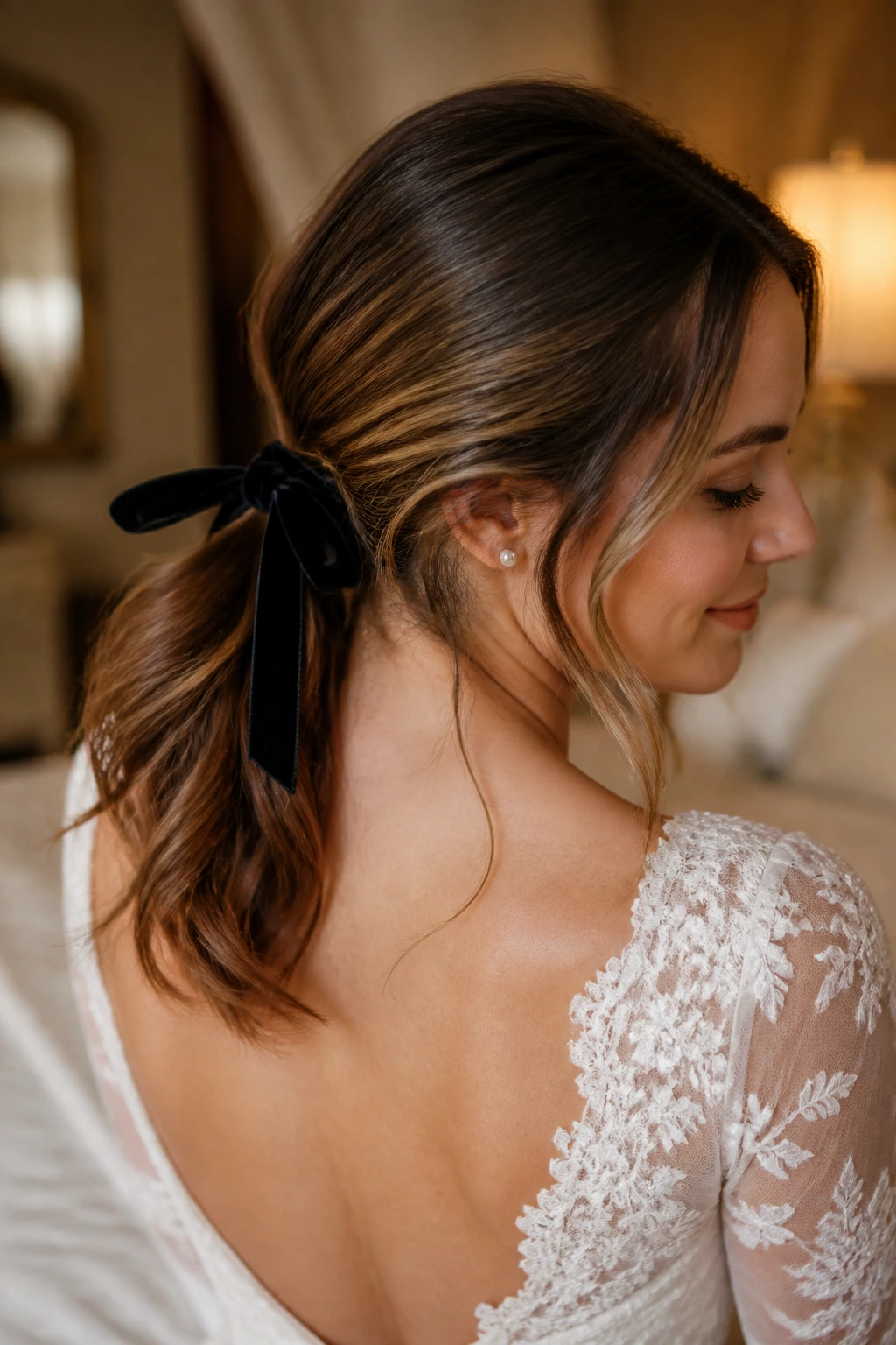 Close-up of a woman wearing a velvet ribbon tied ponytail