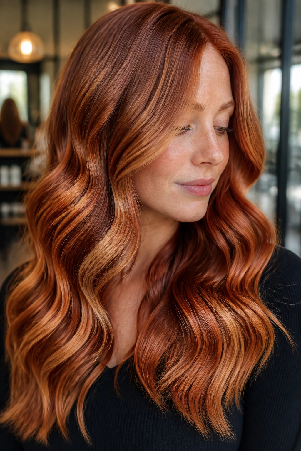 Close-up of velvet strawberry blonde hair in glossy waves on a real person
