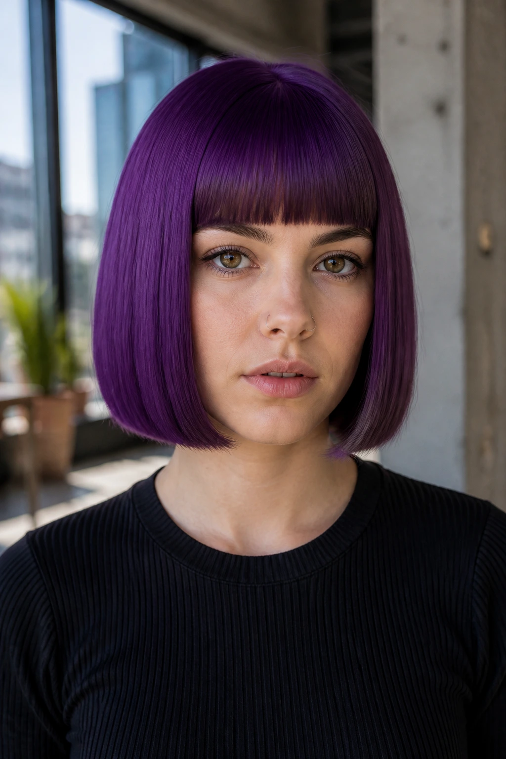 Close-up of a woman with a velvet violet blunt cut hairstyle in diffuse daylight