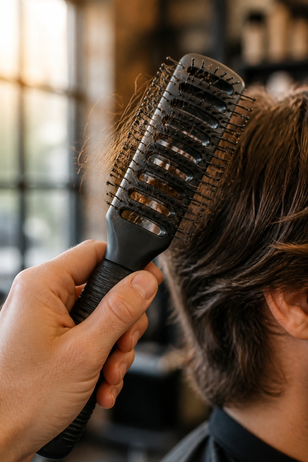 Close-up of a vent brush held in hand in a salon setting with blurred background.