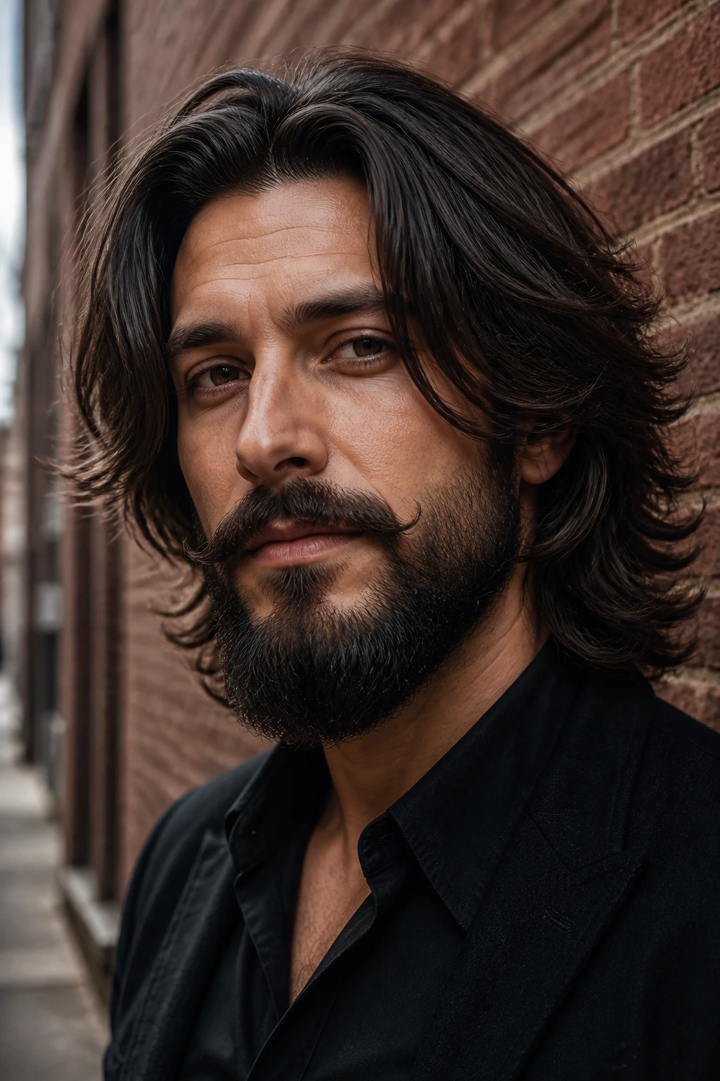 Man with layered hair and Verdi beard in urban setting