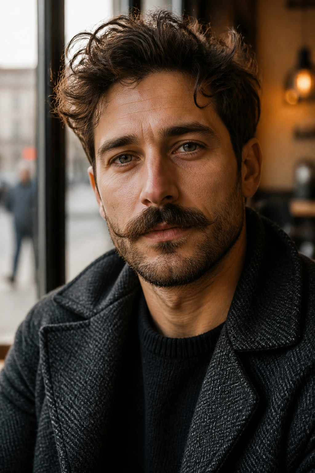 Close-up portrait of a man with a Verdi beard and fuller mustache in a cafe window.